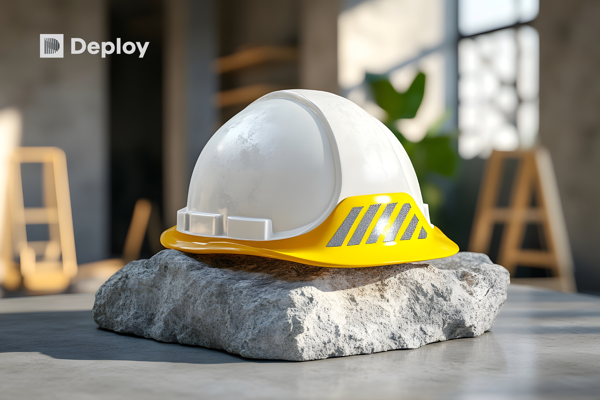 White hard hat on a concrete block, with a construction site background.