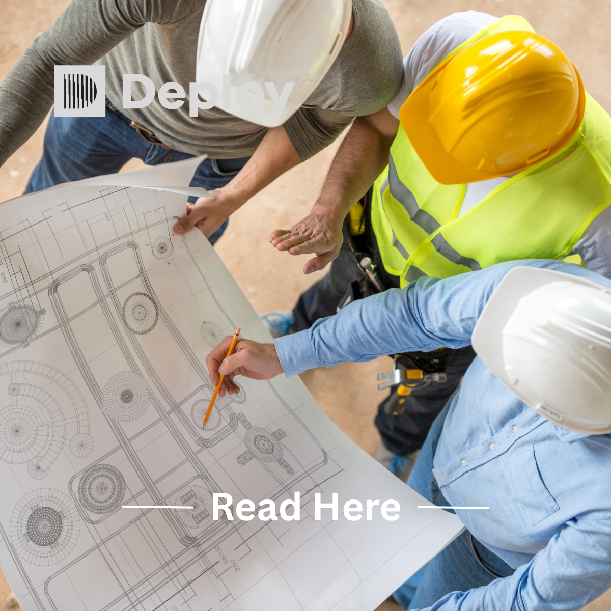Three construction workers in hard hats review blueprints and point at a plan on a job site.