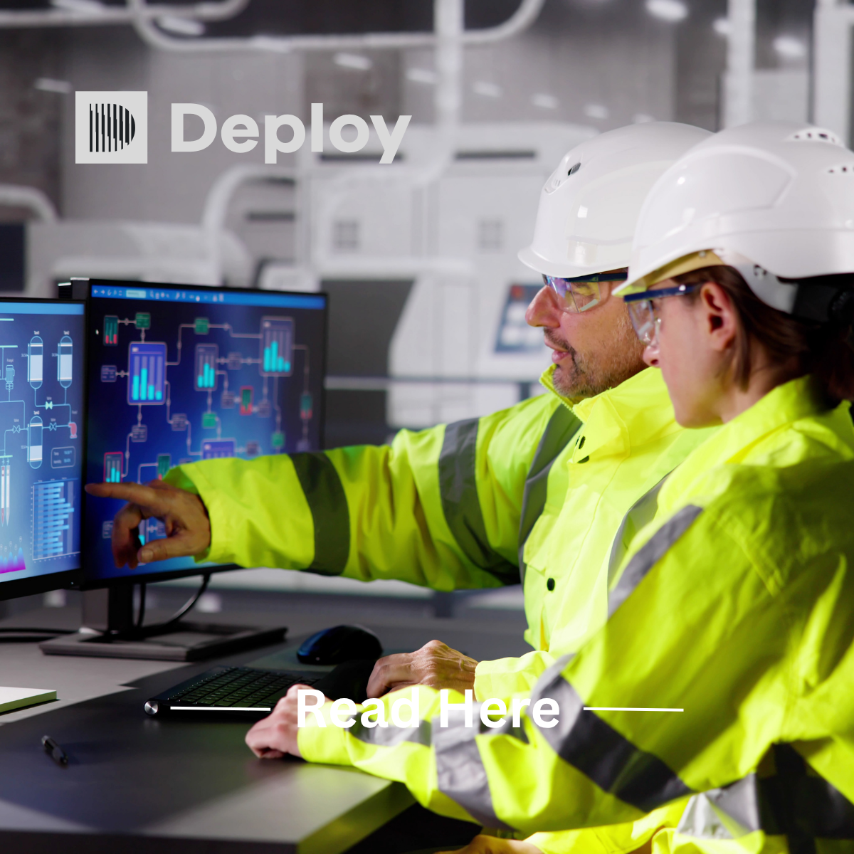 Two engineers in neon safety jackets and white hard hats review a monitor in a factory control room.