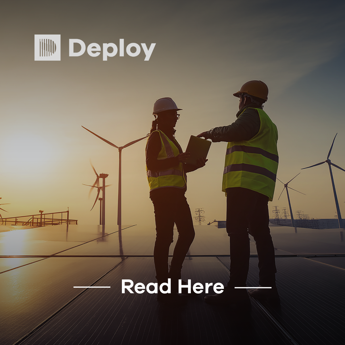 Two people in safety vests at a solar farm with wind turbines; one looks at plans.