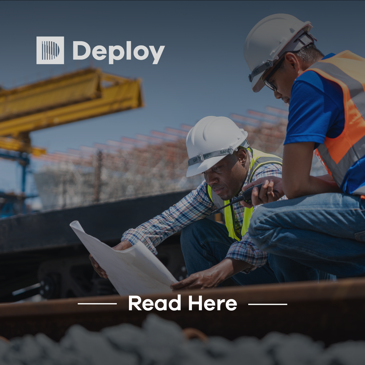 Two construction workers reviewing blueprints on a railway, 