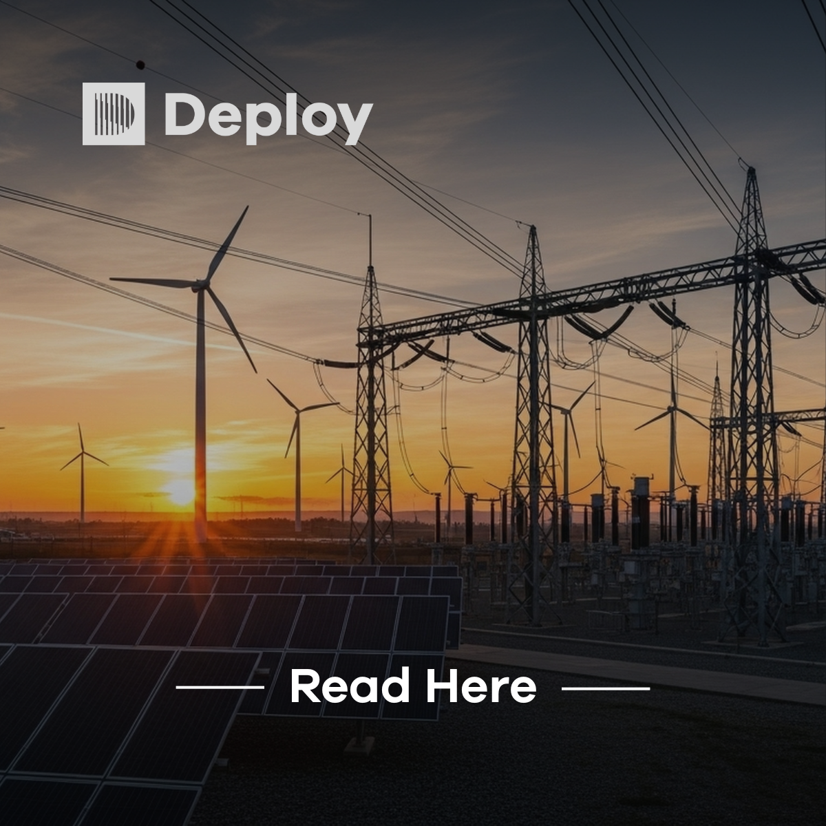 Sunset over a power grid with wind turbines, solar panels, and electrical towers. 