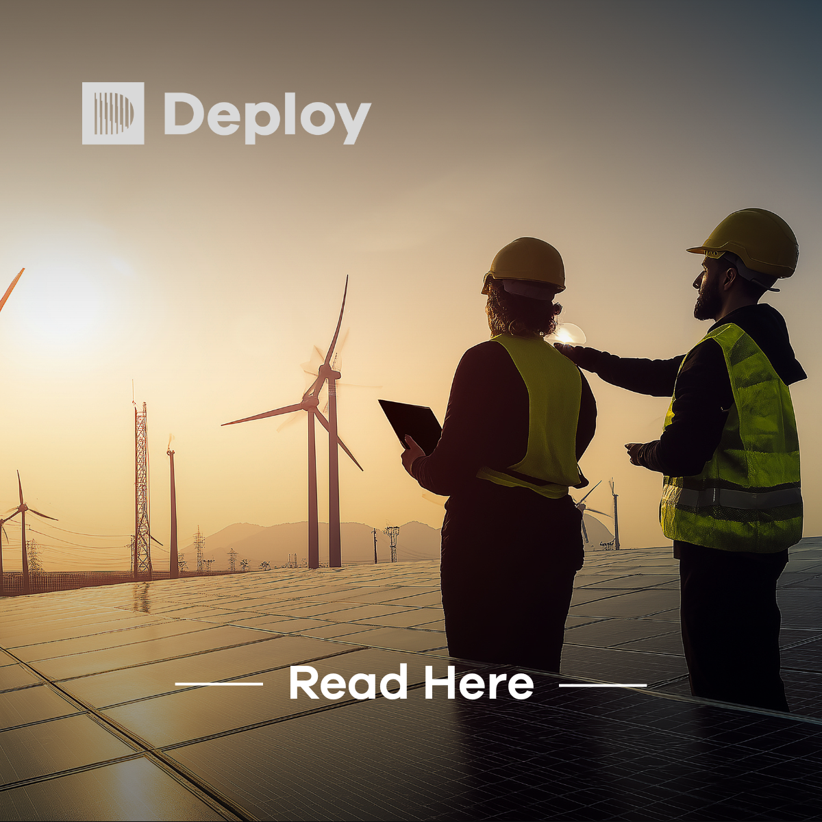 Workers in safety vests near solar panels and wind turbines. Deploy logo.