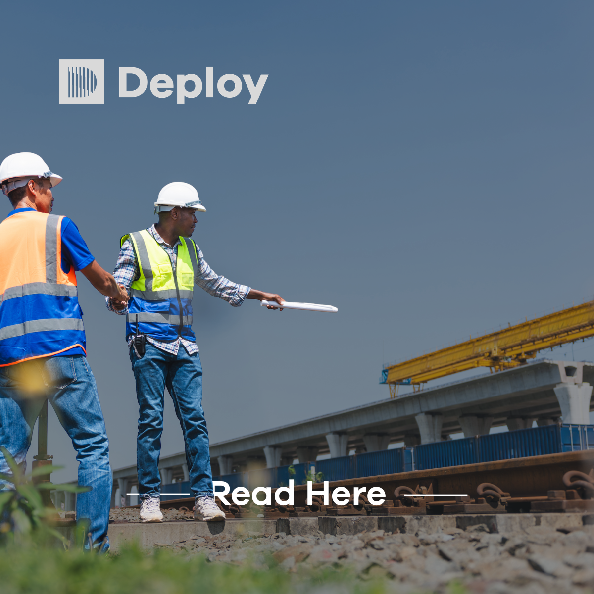 Two construction workers near a railway with bridge construction in the background. 