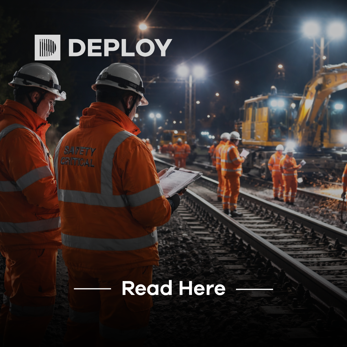 Workers in orange uniforms inspecting railway tracks at night, under bright lights.