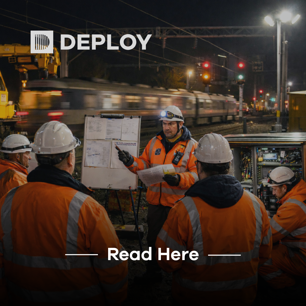 Group of railway workers in orange vests, studying plans near tracks at night. A train passes by in the background.