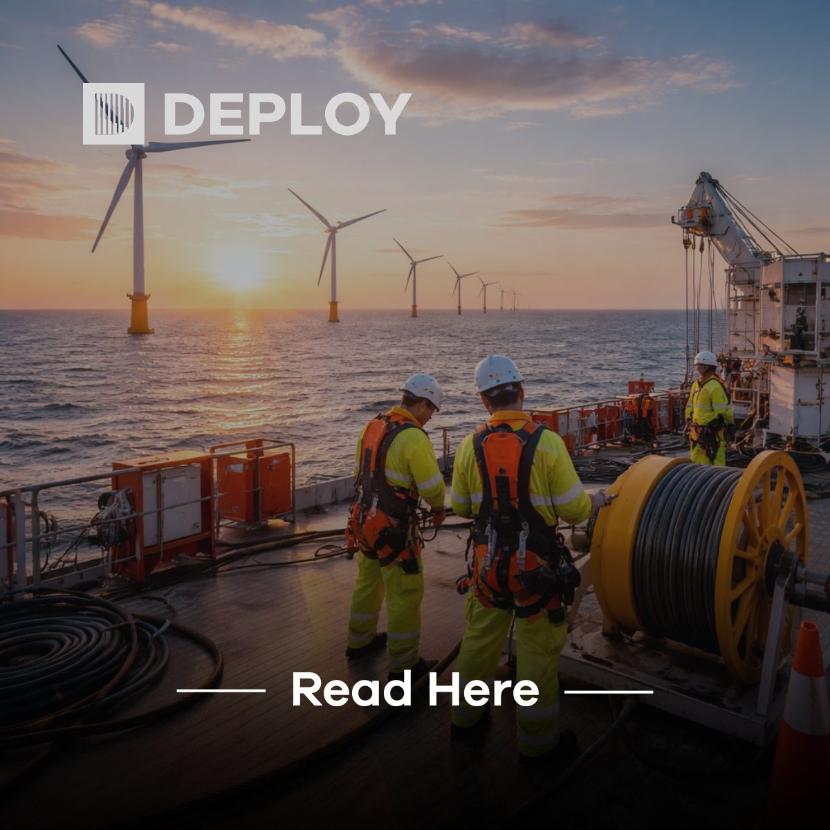 Workers on a boat install underwater cables near offshore wind turbines at sunset.