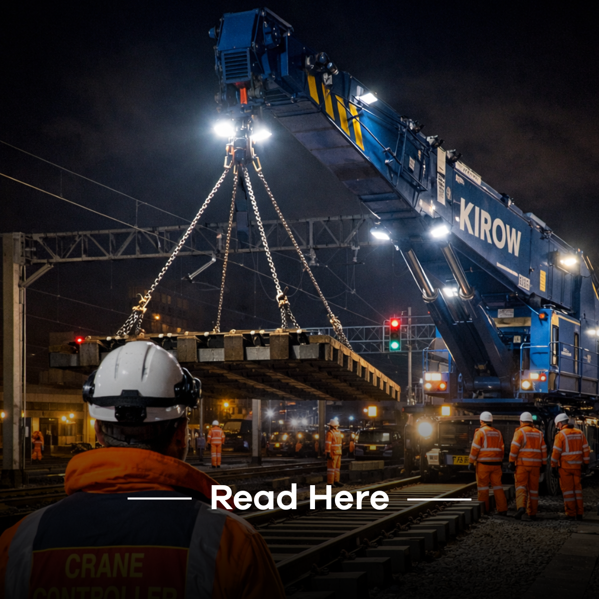 Nighttime railway construction site. A large crane lifts a bridge section; workers in orange vests observe.