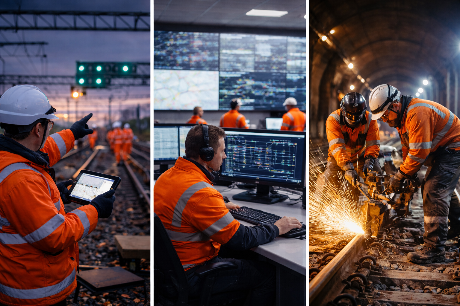 Workers in orange vests on railway tracks, control room, and tunnel, inspecting and maintaining the railway.