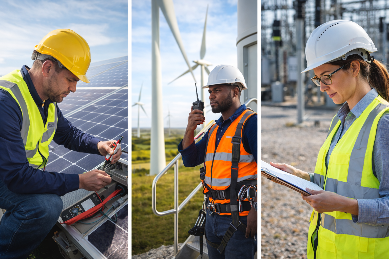 Three workers: solar panel technician, wind turbine operator, and electrical engineer.