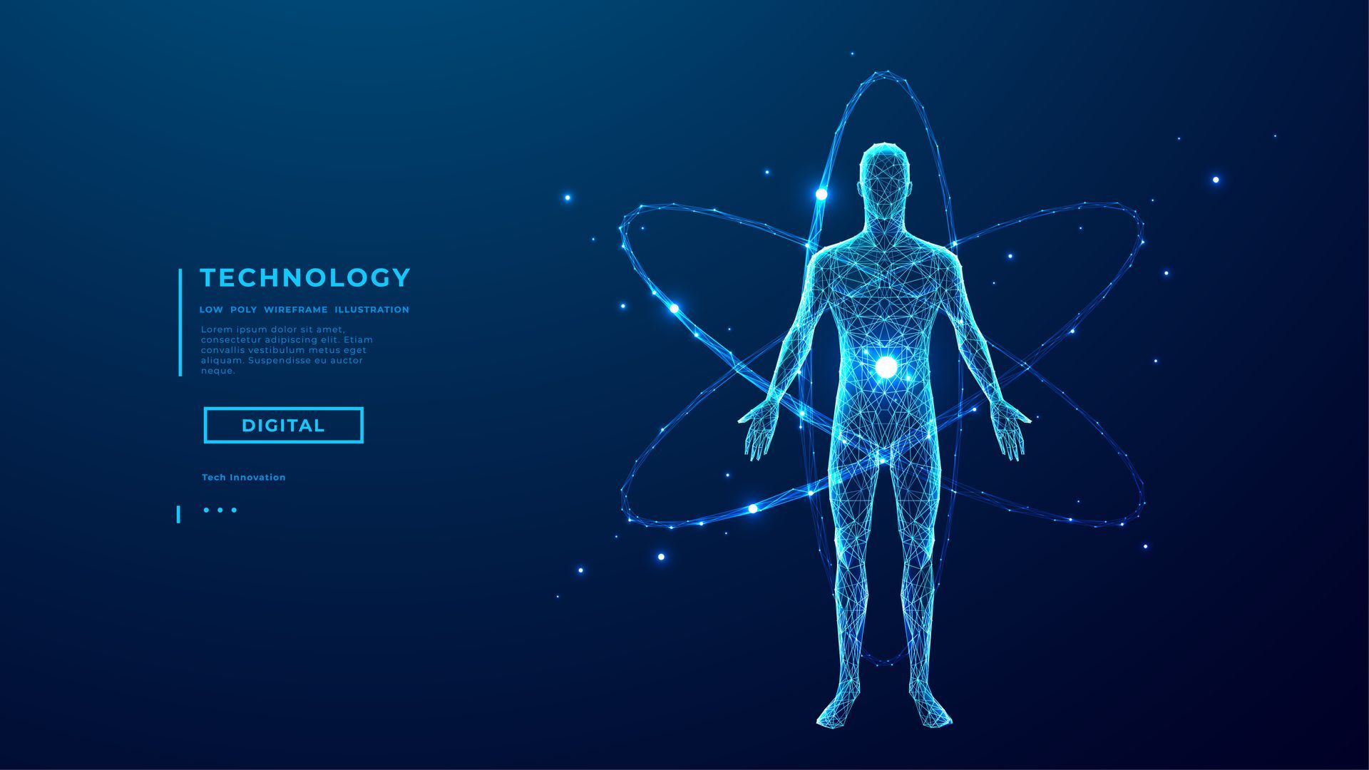 Digitale Illustration einer menschlichen Figur aus Lichtpunkten mit einer Atomstruktur im Hintergrund auf blauem Grund.