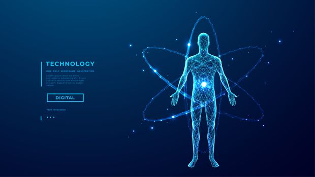 Blaue digitale Illustration einer menschlichen Figur, die aus verbundenen Punkten mit einem Atom im Hintergrund besteht und einen Bodyscan simuliert.