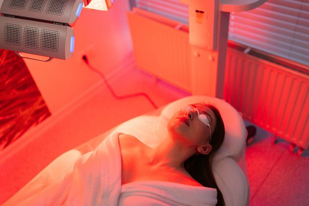Frau erhält in einer Klinik eine Rotlichttherapie mit Schutz über den Augen.