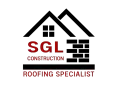 Logo: Black house outline with brick wall and roof. "SGL Construction Roofing Specialist" in red.