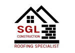 Logo: Black house outline with brick wall and roof. "SGL Construction Roofing Specialist" in red.