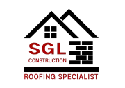 Logo: Black house outline with brick wall and roof. "SGL Construction Roofing Specialist" in red.