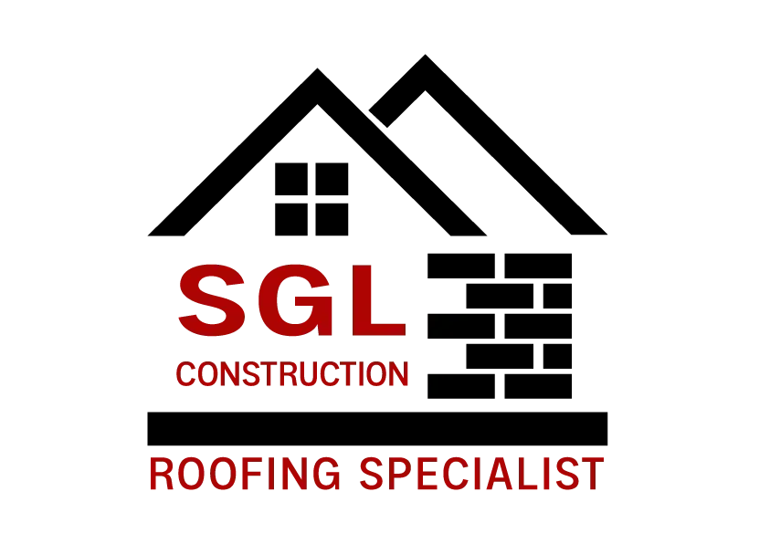 Logo: Black house outline with brick wall and roof. "SGL Construction Roofing Specialist" in red.