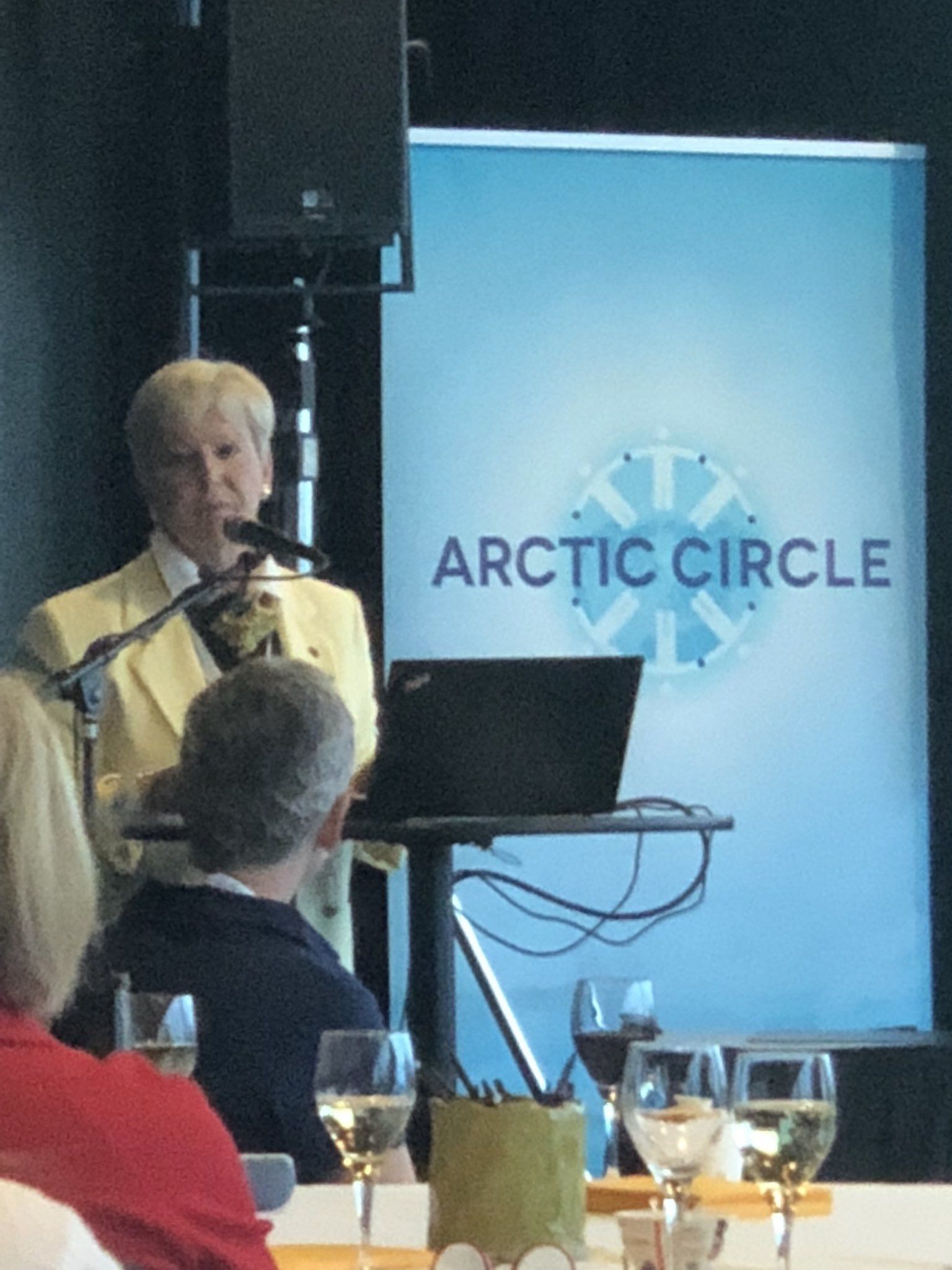 Eine Frau steht vor einem Bildschirm mit der Aufschrift „Polarkreis“