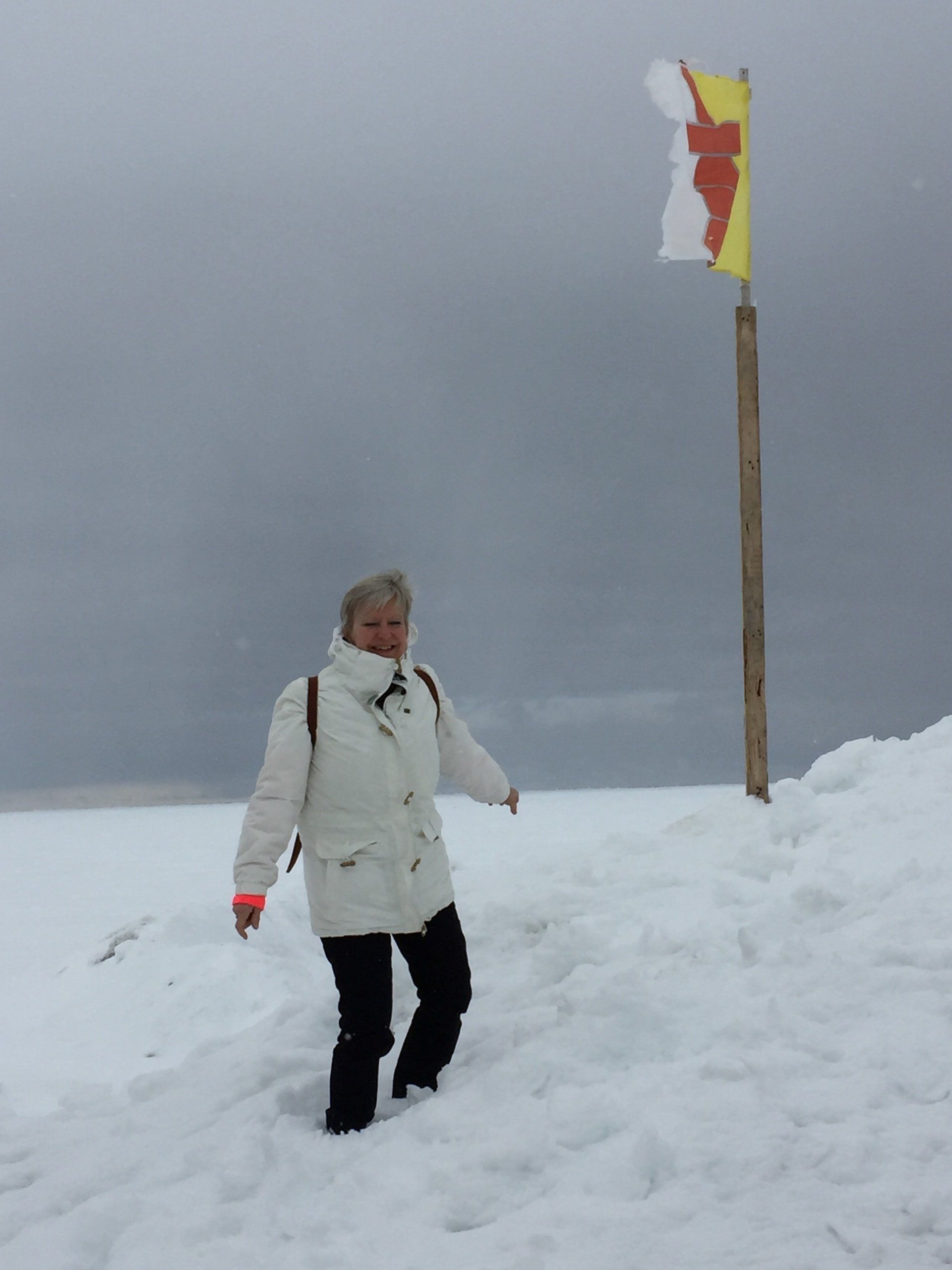 Eine Frau steht im Schnee neben einem Fahnenmast