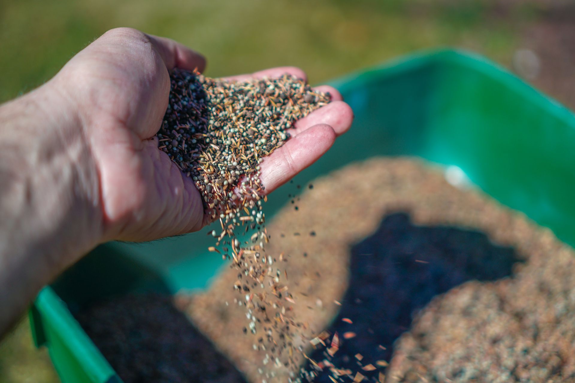 A hand pouring a handful of multi-colored bird seed into a green plastic container.