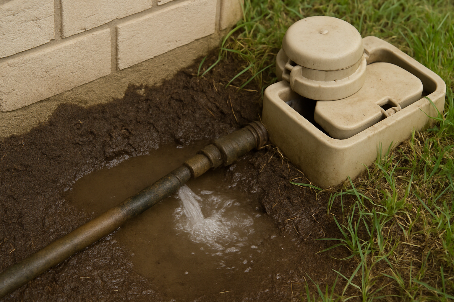Water spraying from a broken pipe near a brick wall and a sprinkler system housing on muddy ground.