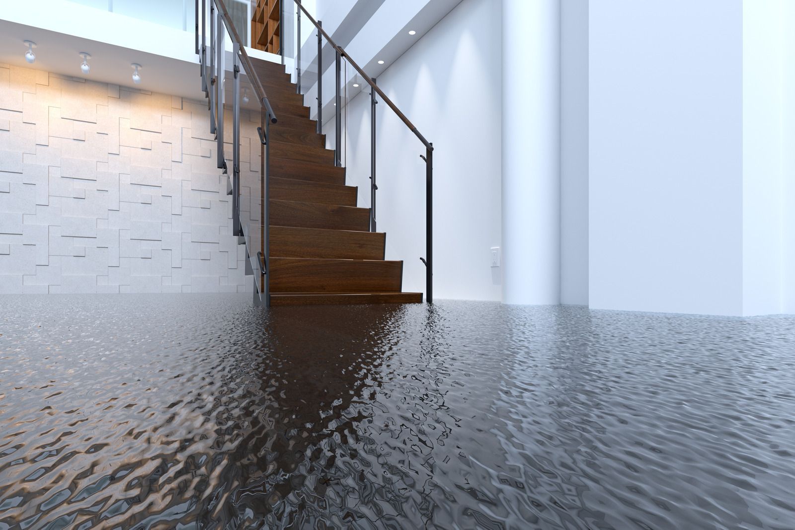 Interior view: room flooded with water. Wooden stairs ascend, railing visible. White walls.