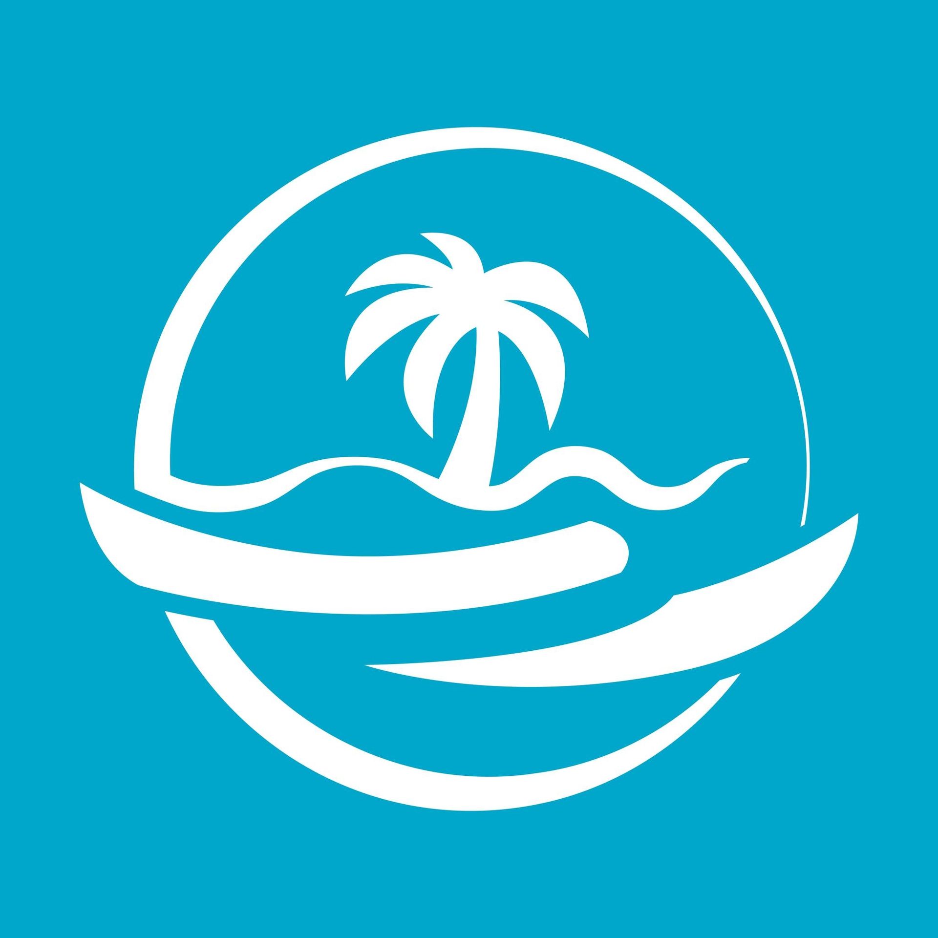 White tropical island logo on a teal background; palm tree, waves, and surfboard elements.