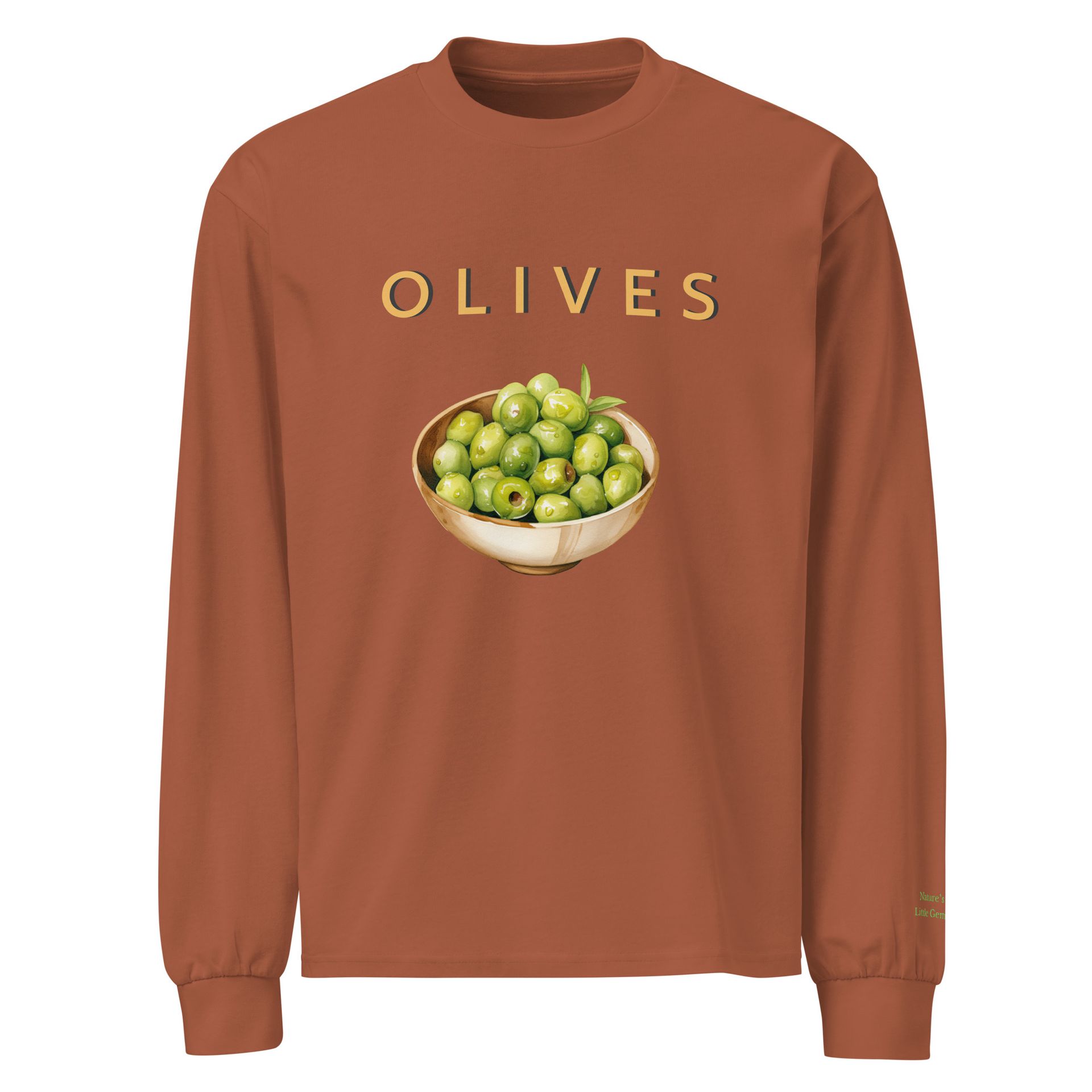 embroidered olive shirt, gourmet foodie fashion, pantrycore style long sleeve, unisex gift for mediterranean lovers