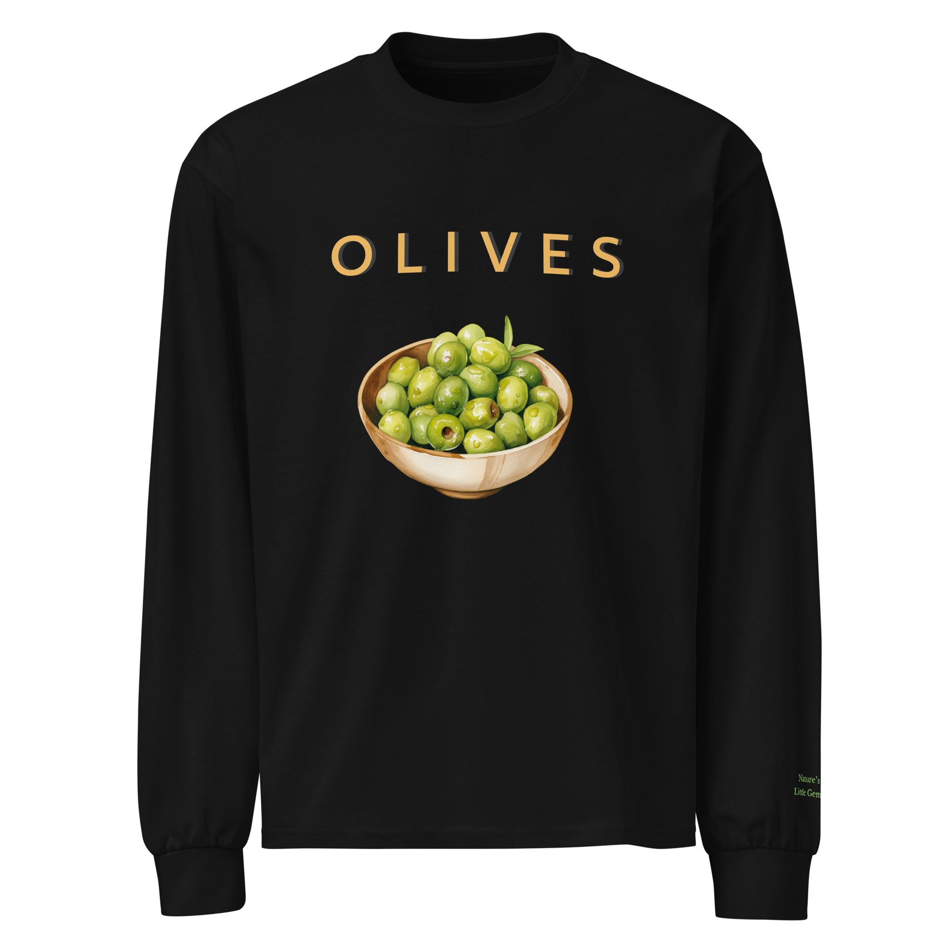 embroidered olive shirt, gourmet foodie fashion, pantrycore style long sleeve, unisex gift for mediterranean lovers