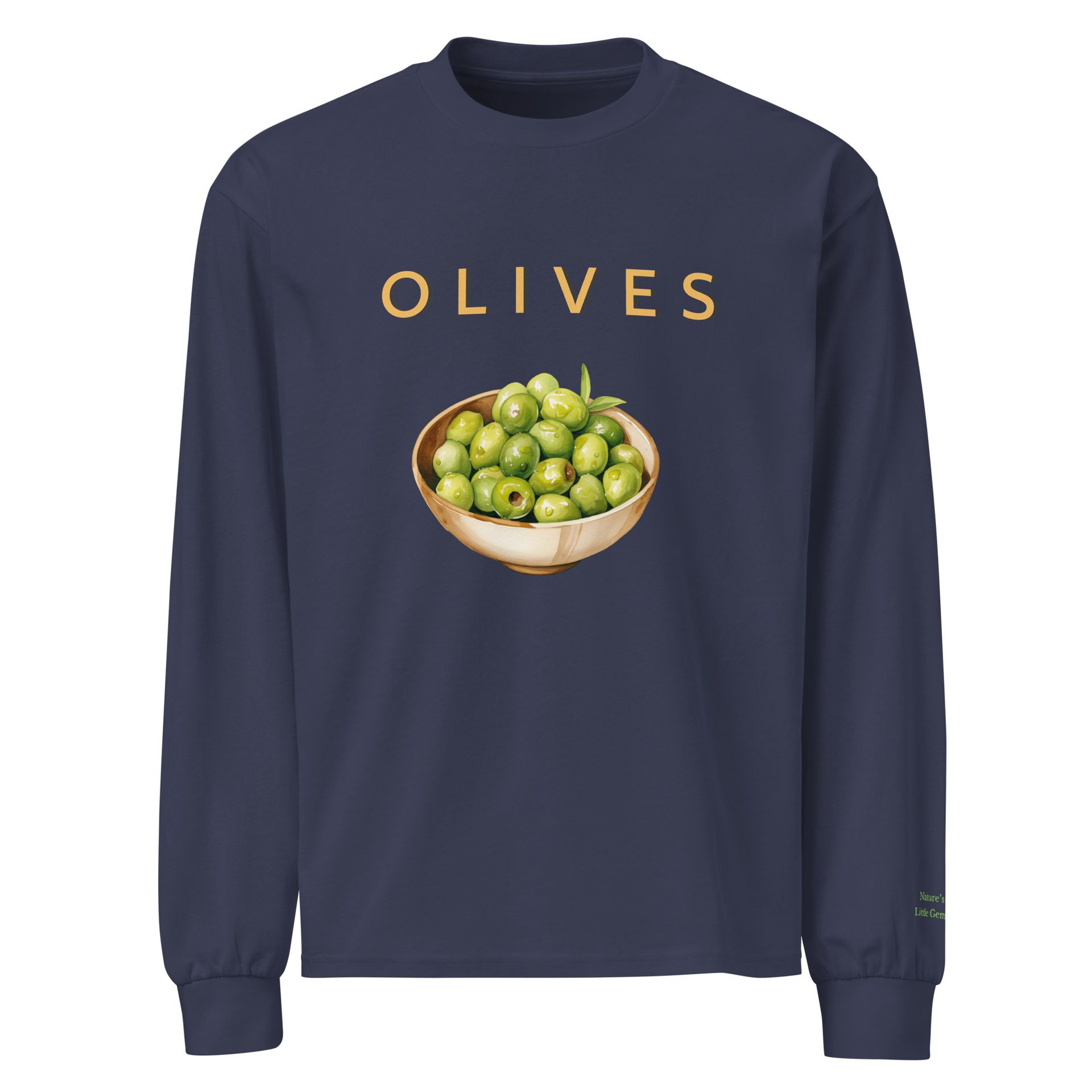 embroidered olive shirt, gourmet foodie fashion, pantrycore style long sleeve, unisex gift for mediterranean lovers