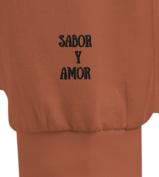 embroidered paella shirt with ‘sabor y amor’ detail, minimalist Spanish foodie tee, unisex gift for Latin food lovers