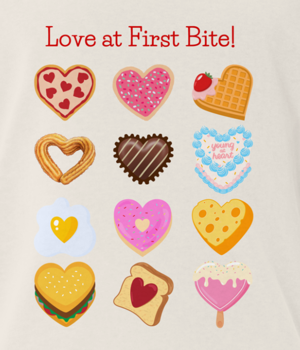 Valentine’s Day foodie shirt with heart-shaped snacks, oversized graphic tee gift for treat lovers and cute food fans