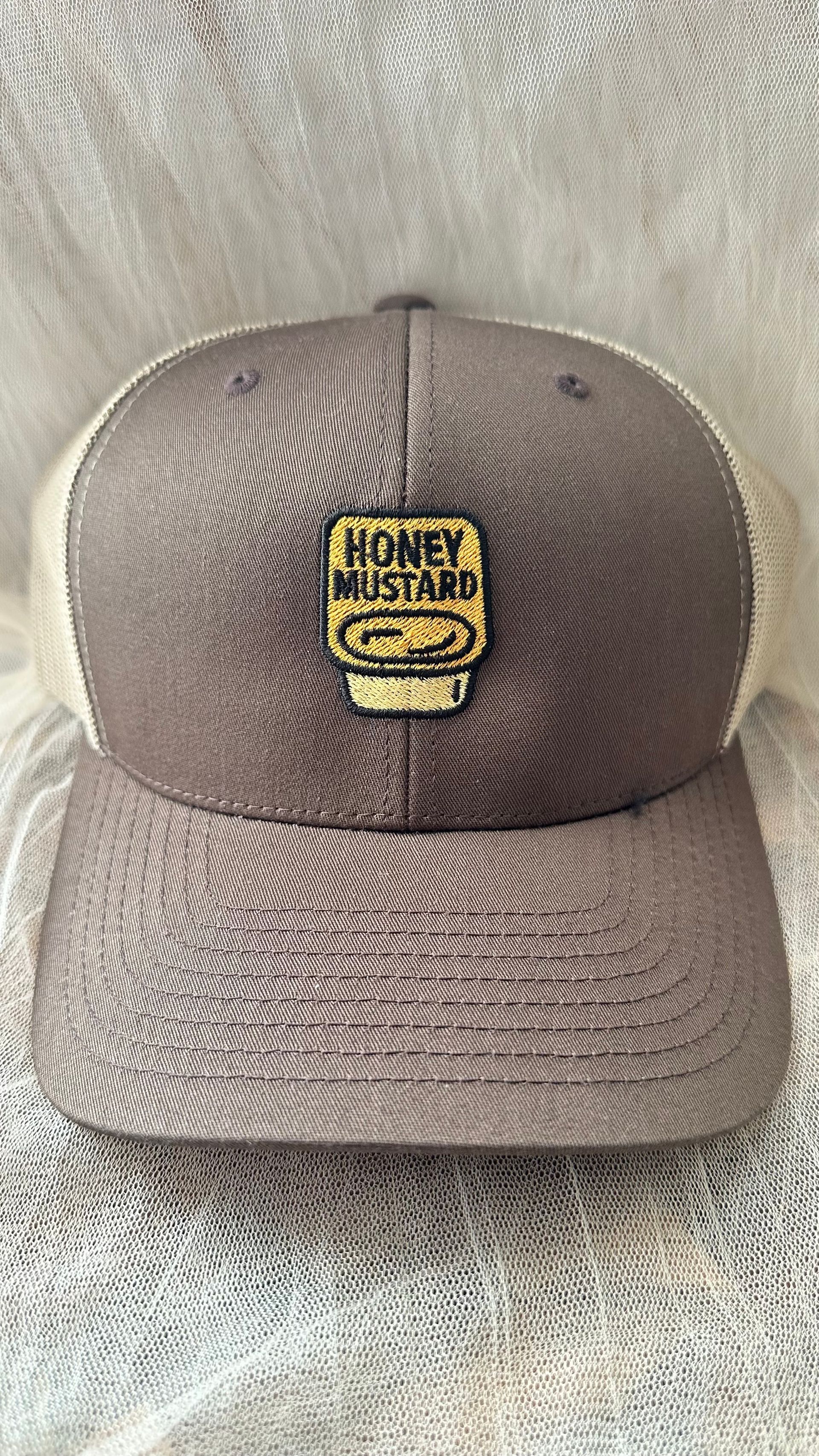 honey mustard hat, foodie trucker hat, embroidered sauce cap, golden mustard, fun foodie merch, streetwear trucker