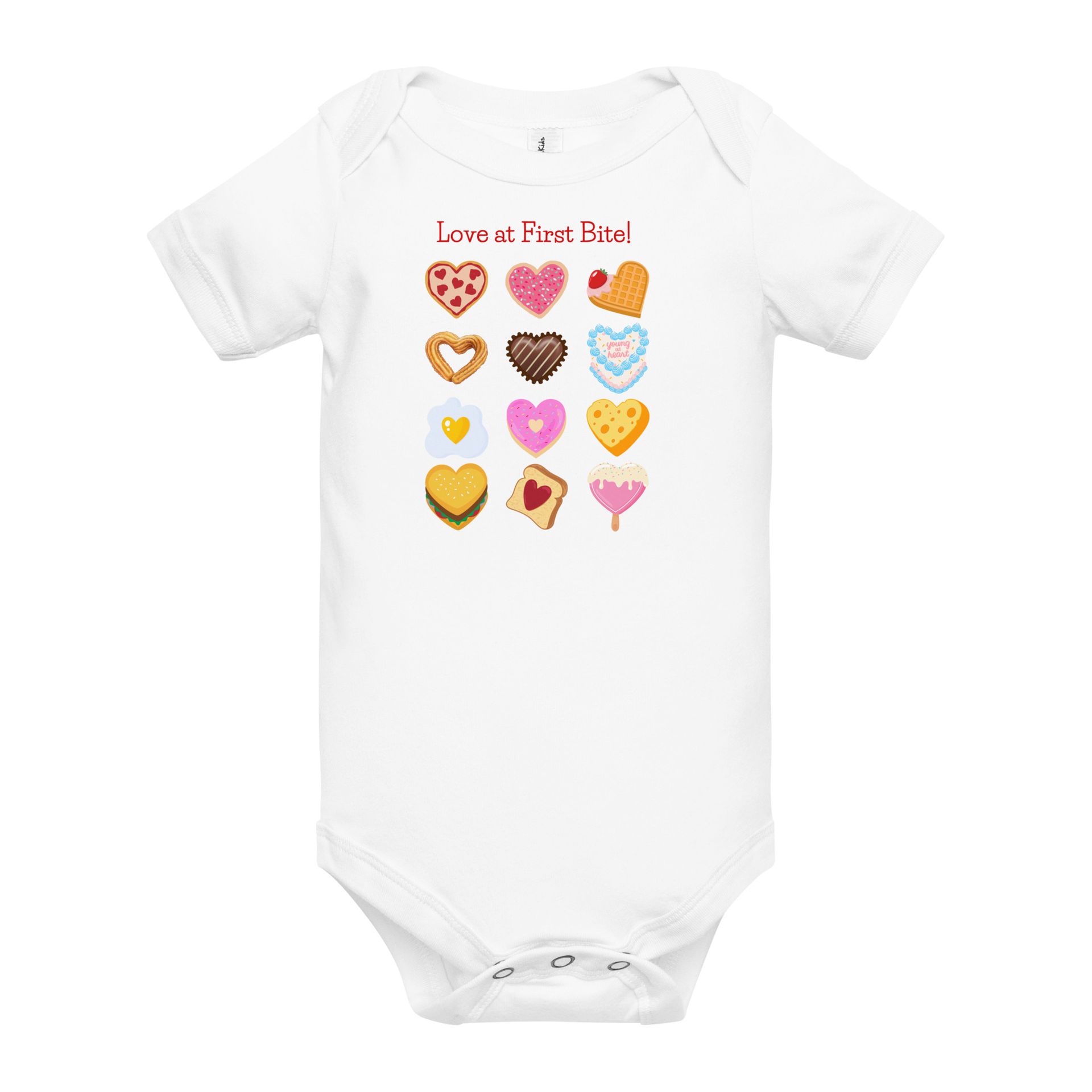 love at first bite baby bodysuit, dessert infant outfit, heart cookie design, foodie kids fashion, streetwear, baby gift