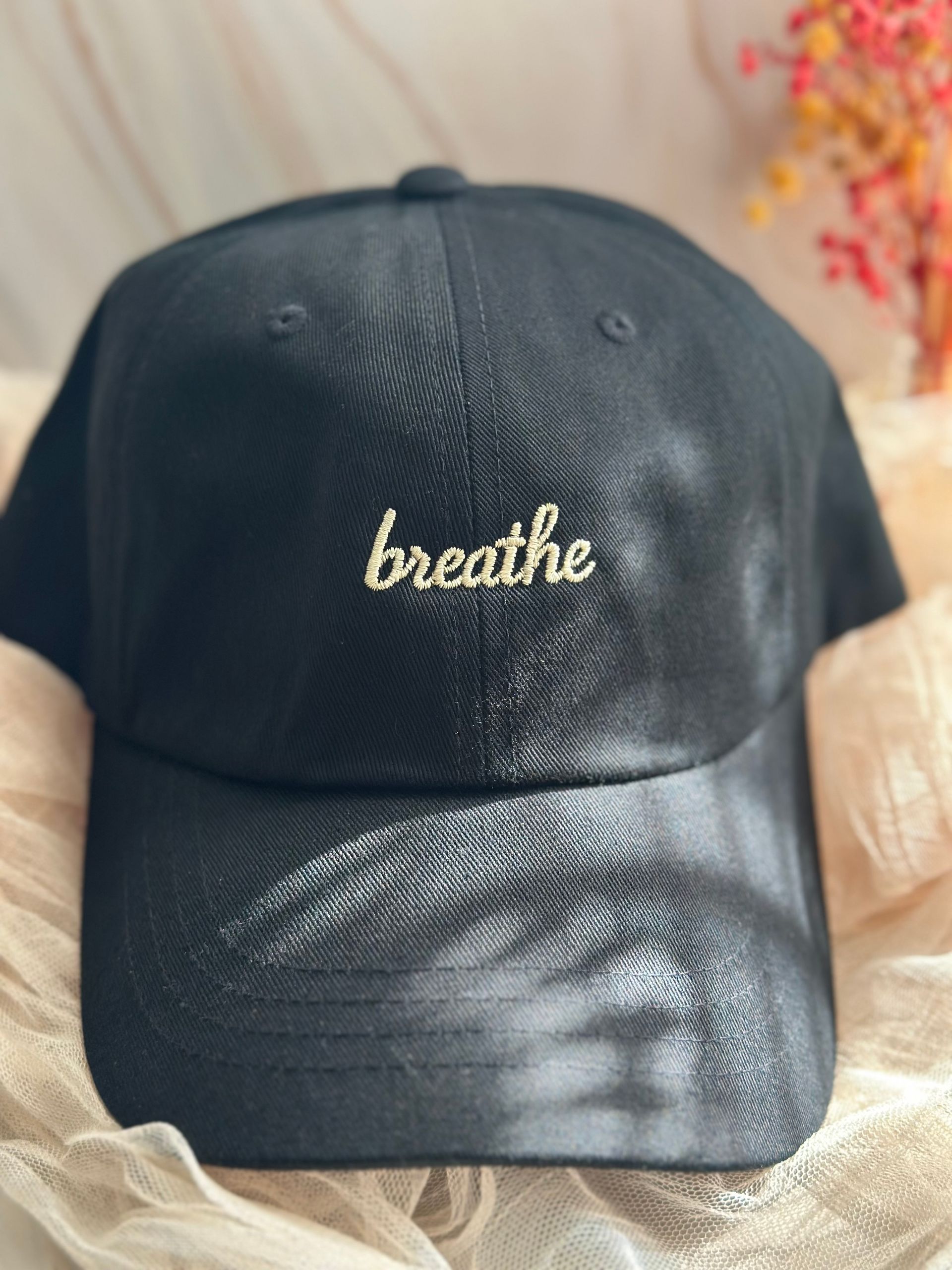 breathe, aesthetic neutral hat, soft life hat, cozy girl era, wellness accessories, embroidered cap, gentle reminder