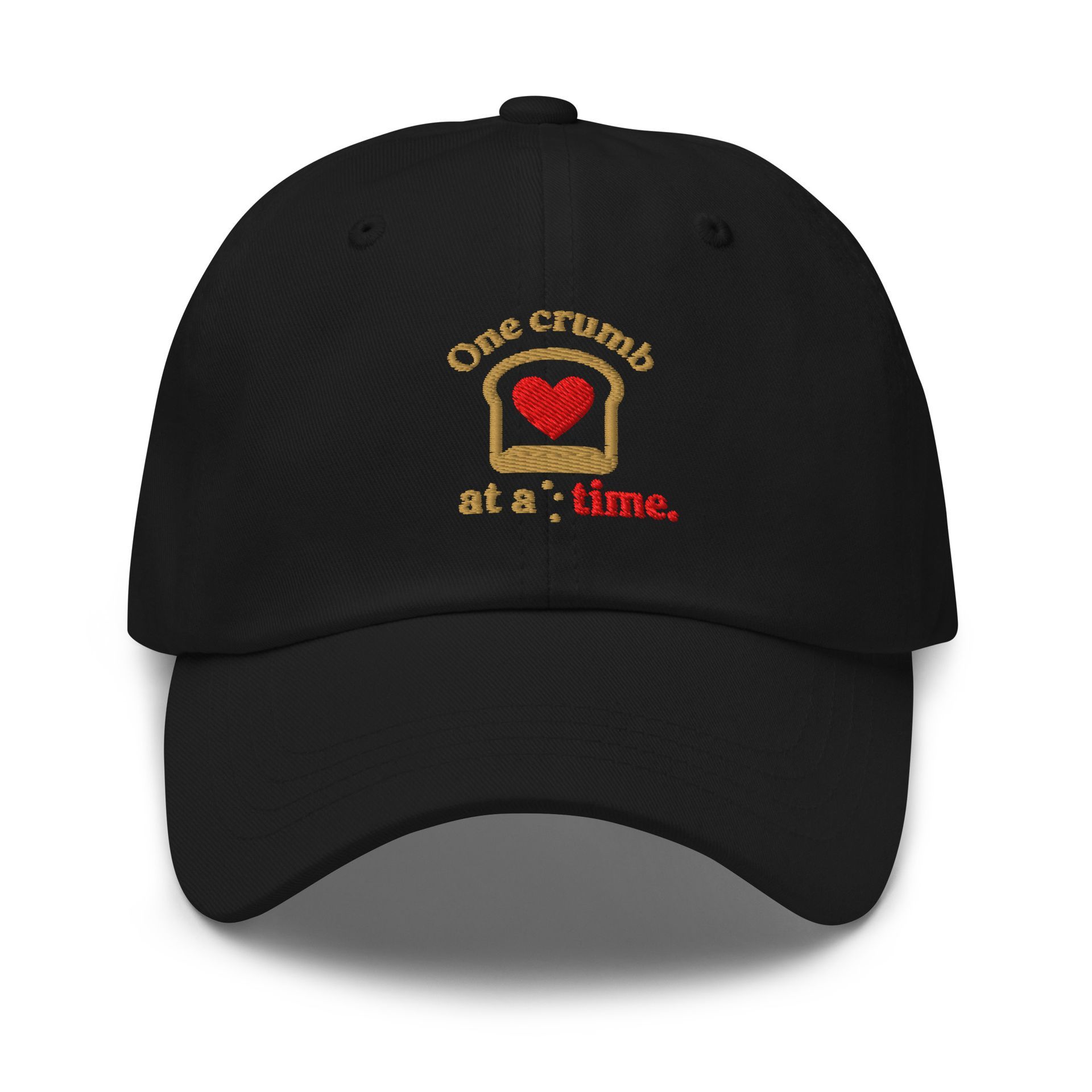 embroidered breadcrumbs grief hat with heart bread design, soft healing gift with poetic comfort, “one crumb at a time”