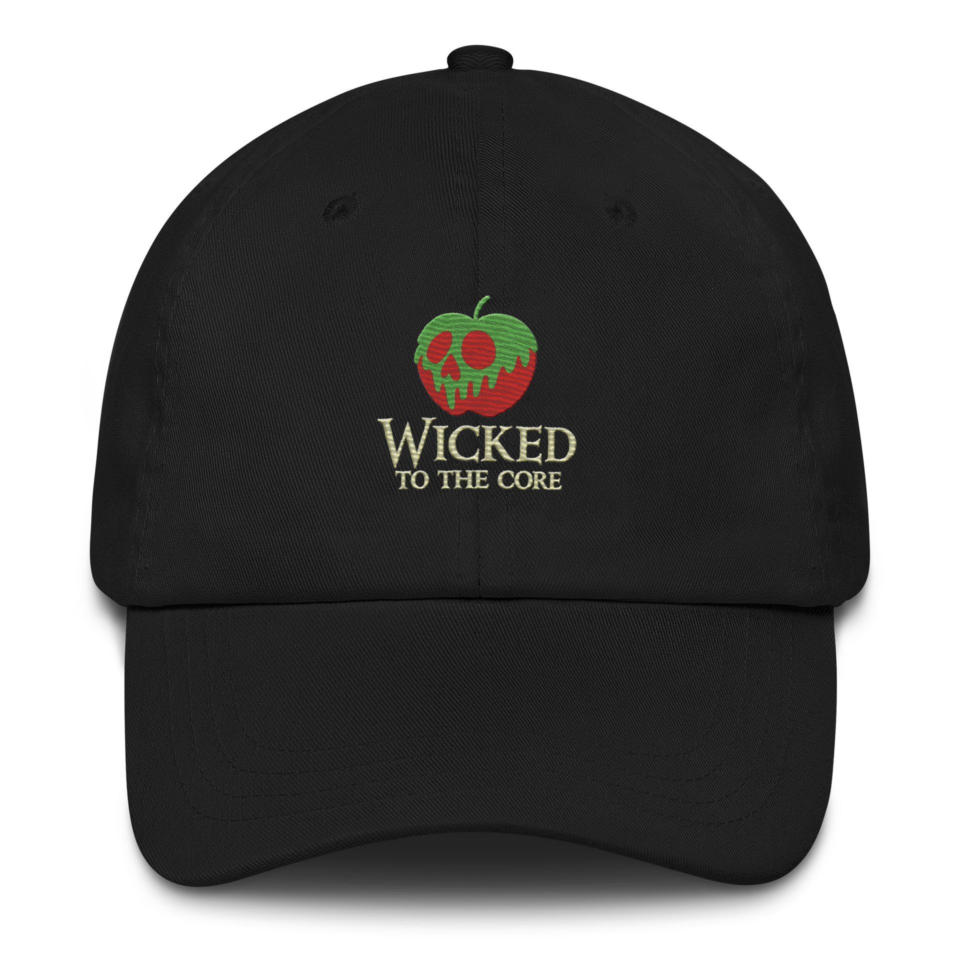 wicked to the core cap, poison apple embroidered hat, spooky villain dad cap, halloween foodie hat, storybook streetwear