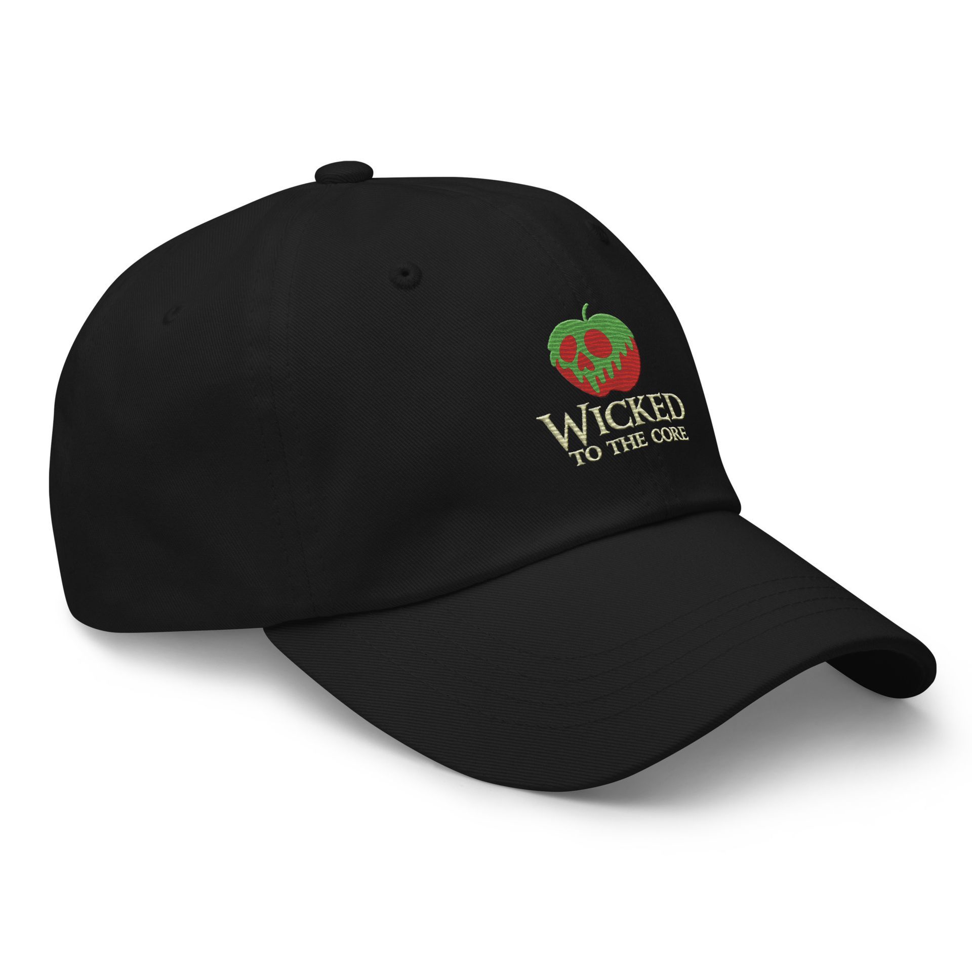 wicked to the core cap, poison apple embroidered hat, spooky villain dad cap, halloween foodie hat, storybook streetwear