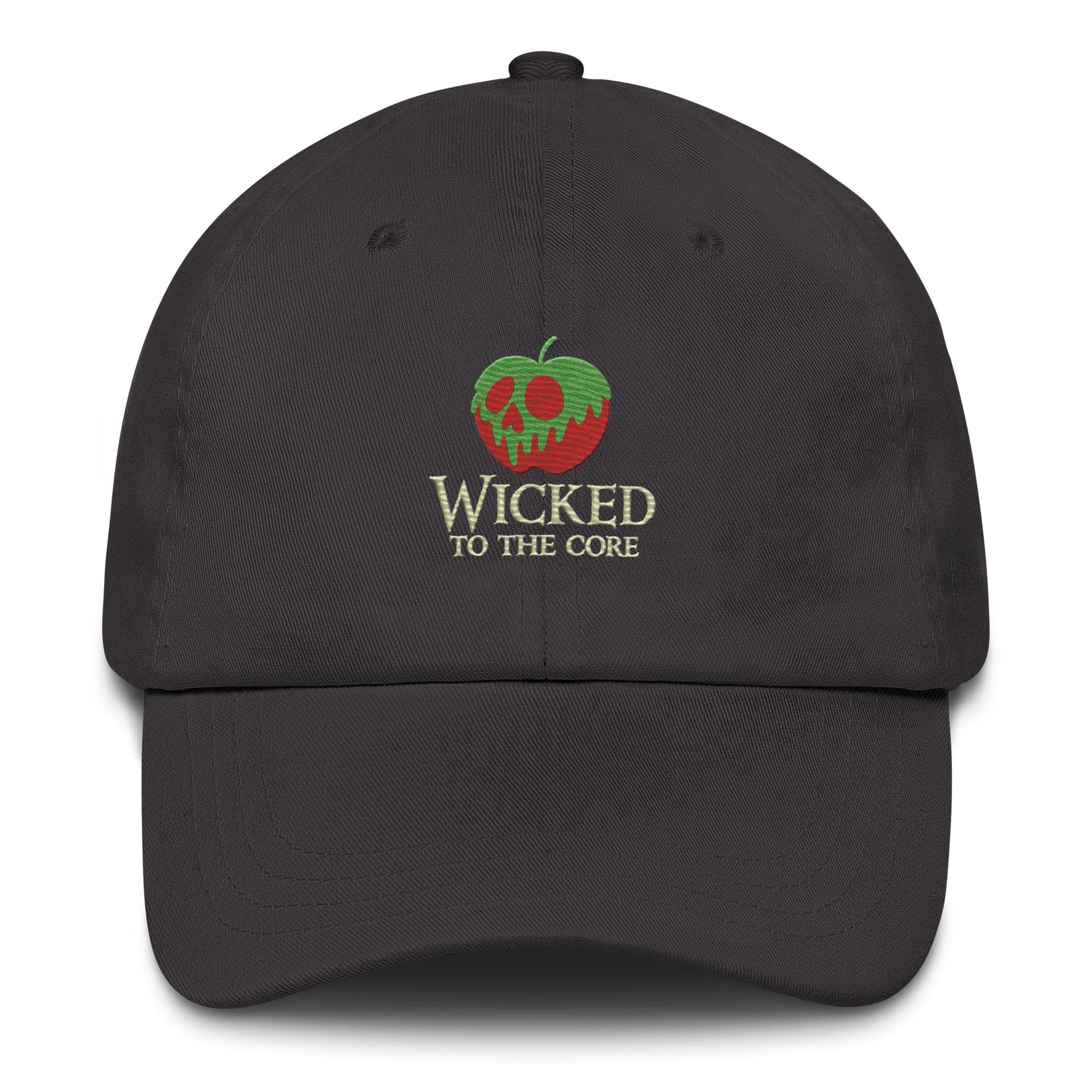 wicked to the core cap, poison apple embroidered hat, spooky villain dad cap, halloween foodie hat, storybook streetwear