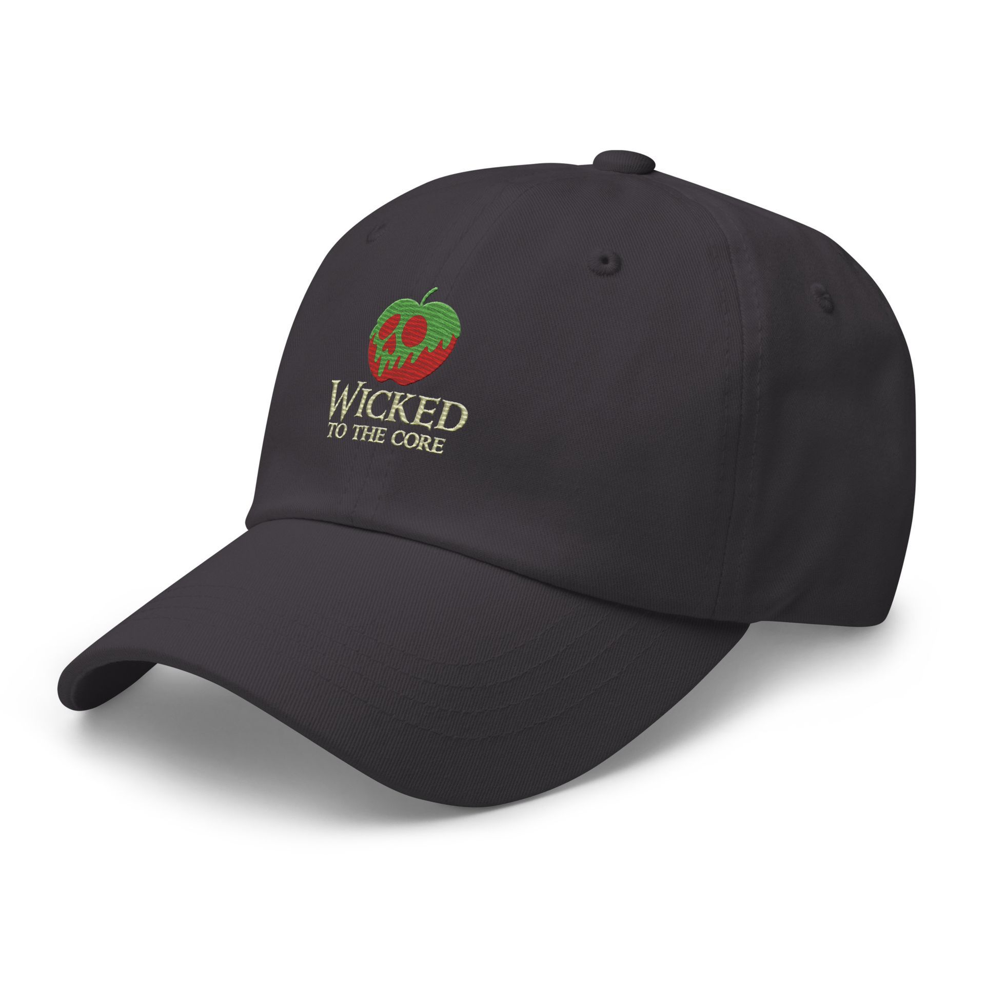 wicked to the core cap, poison apple embroidered hat, spooky villain dad cap, halloween foodie hat, storybook streetwear
