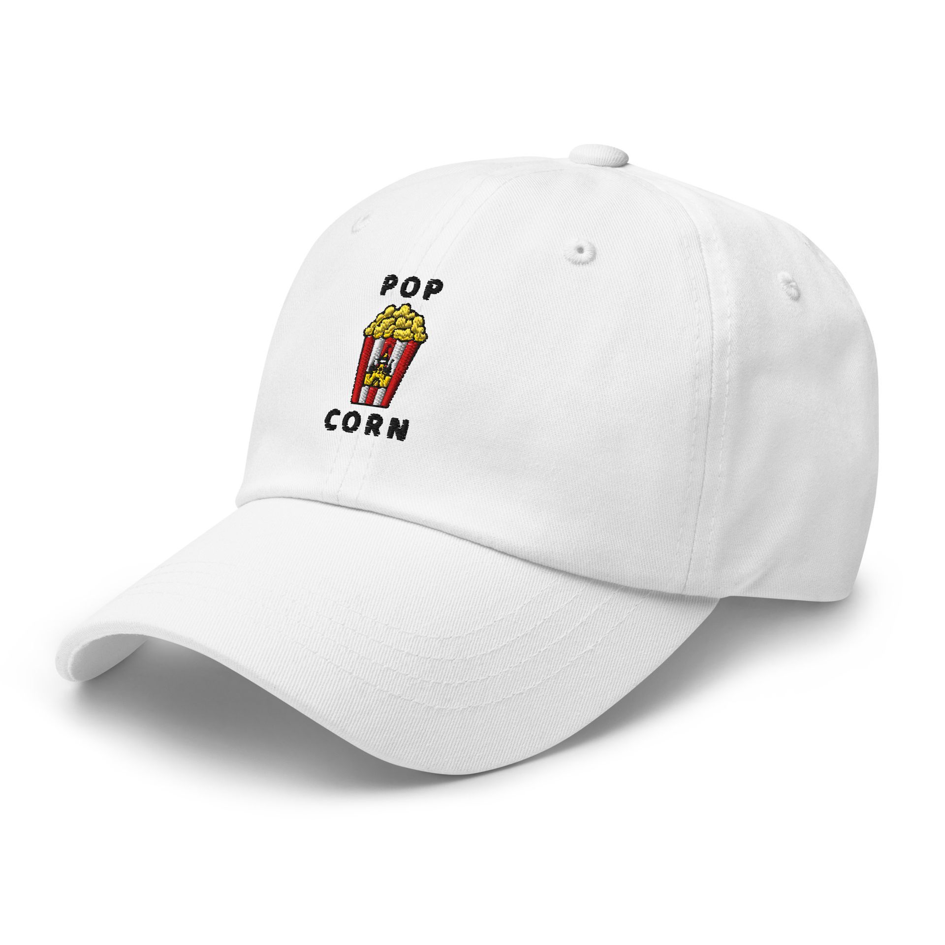 popcorn dad hat, classic baseball cap, embroidered snack design, foodie streetwear hat, movie night cap, theme park gift