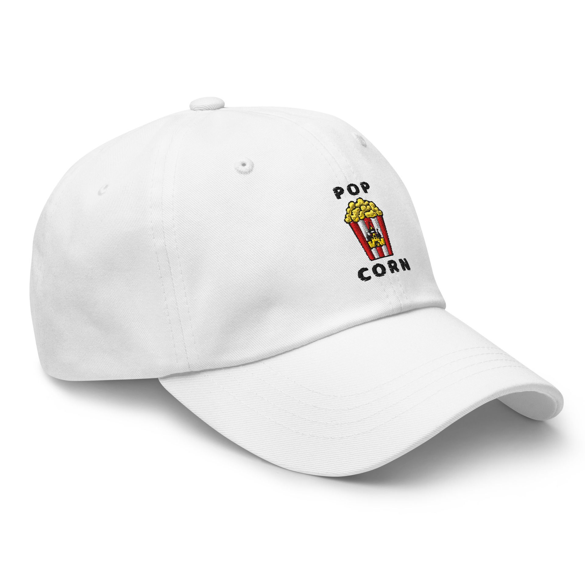 popcorn dad hat, classic baseball cap, embroidered snack design, foodie streetwear hat, movie night cap, theme park gift