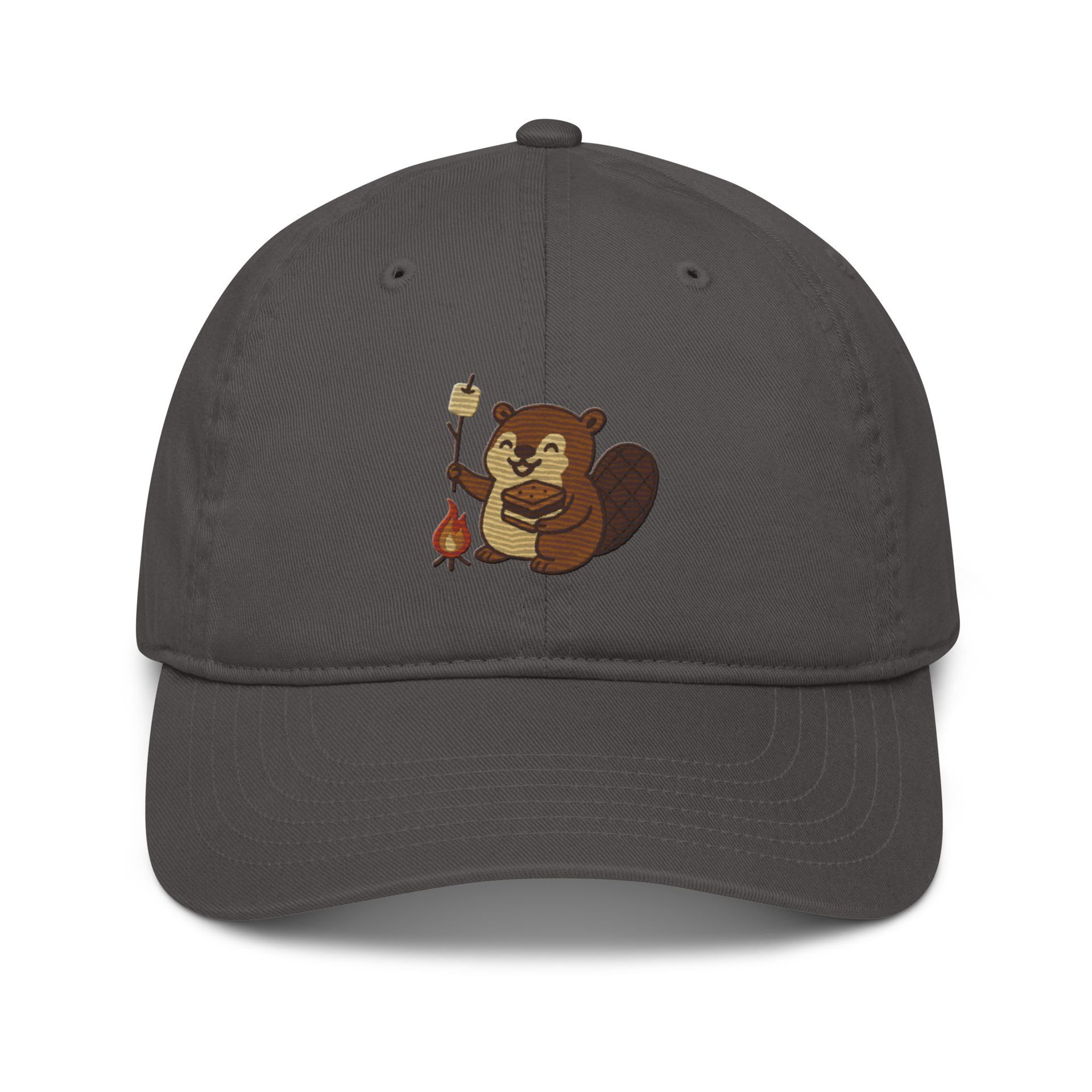 S’more beaver embroidered cap, organic oyster hat, camping design, marshmallow campfire, cozy outdoor adventure style
