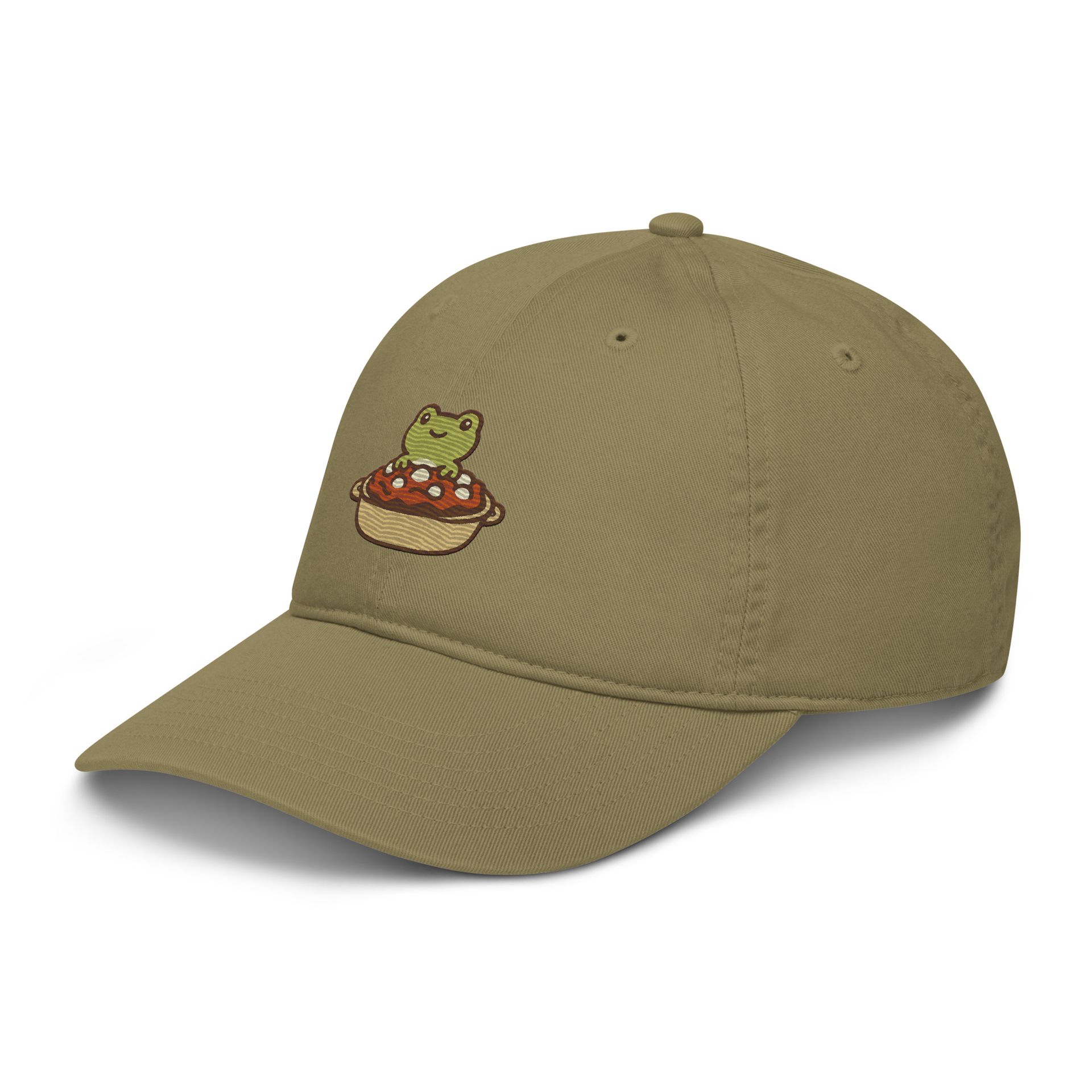 frog casserole hat, fall frog embroidery cap, foodie animal hat, organic dad cap, Thanksgiving gift, cozy streetwear