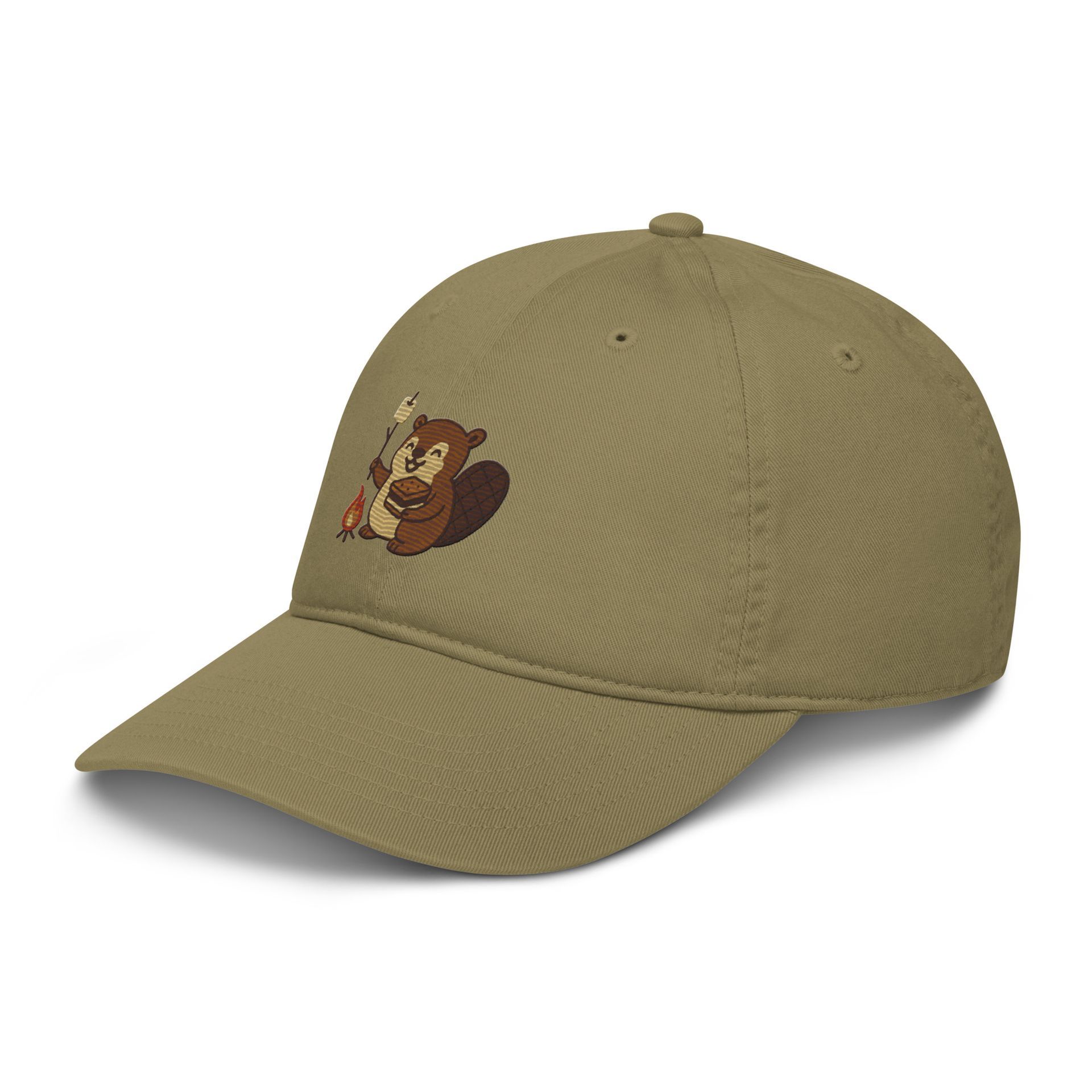 S’more beaver embroidered cap, organic oyster hat, camping design, marshmallow campfire, cozy outdoor adventure style