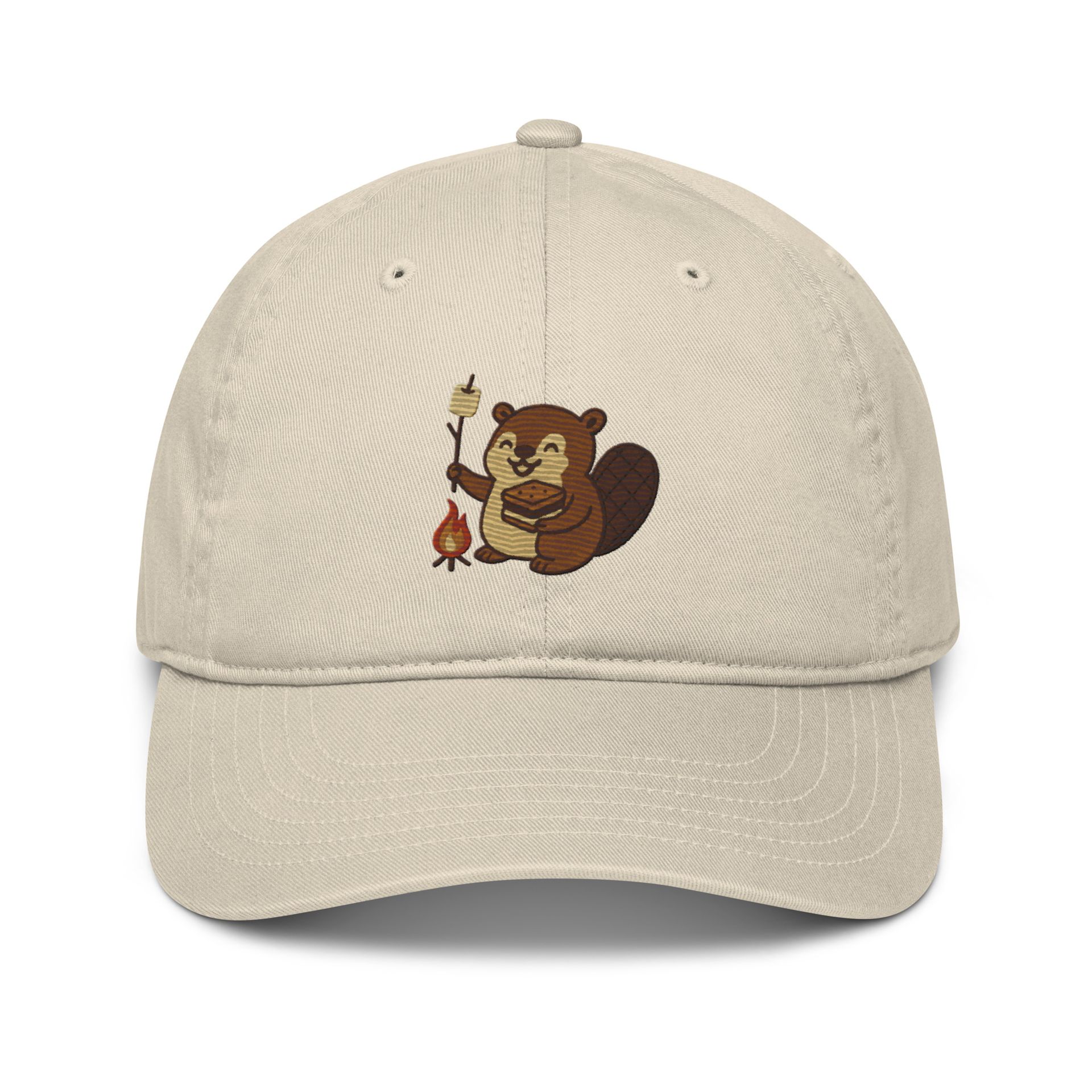 S’more beaver embroidered cap, organic oyster hat, camping design, marshmallow campfire, cozy outdoor adventure style