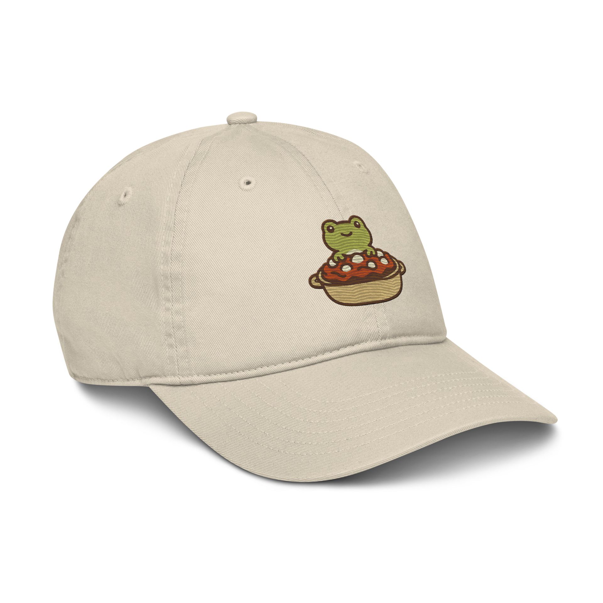 frog casserole hat, fall frog embroidery cap, foodie animal hat, organic dad cap, Thanksgiving gift, cozy streetwear