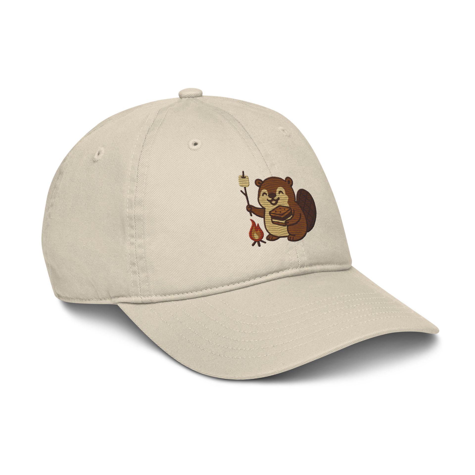 S’more beaver embroidered cap, organic oyster hat, camping design, marshmallow campfire, cozy outdoor adventure style