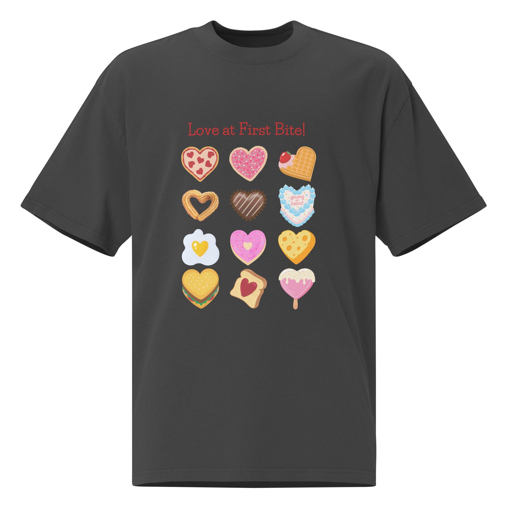 Valentine’s Day foodie shirt with heart-shaped snacks, oversized graphic tee gift for treat lovers and cute food fans
