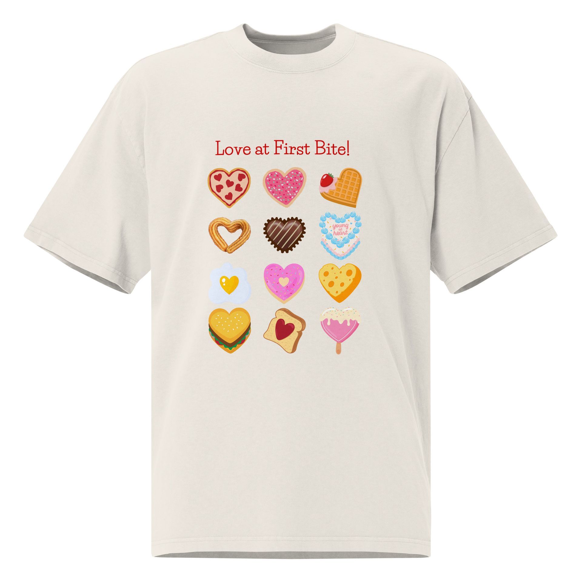 Valentine’s Day foodie shirt with heart-shaped snacks, oversized graphic tee gift for treat lovers and cute food fans